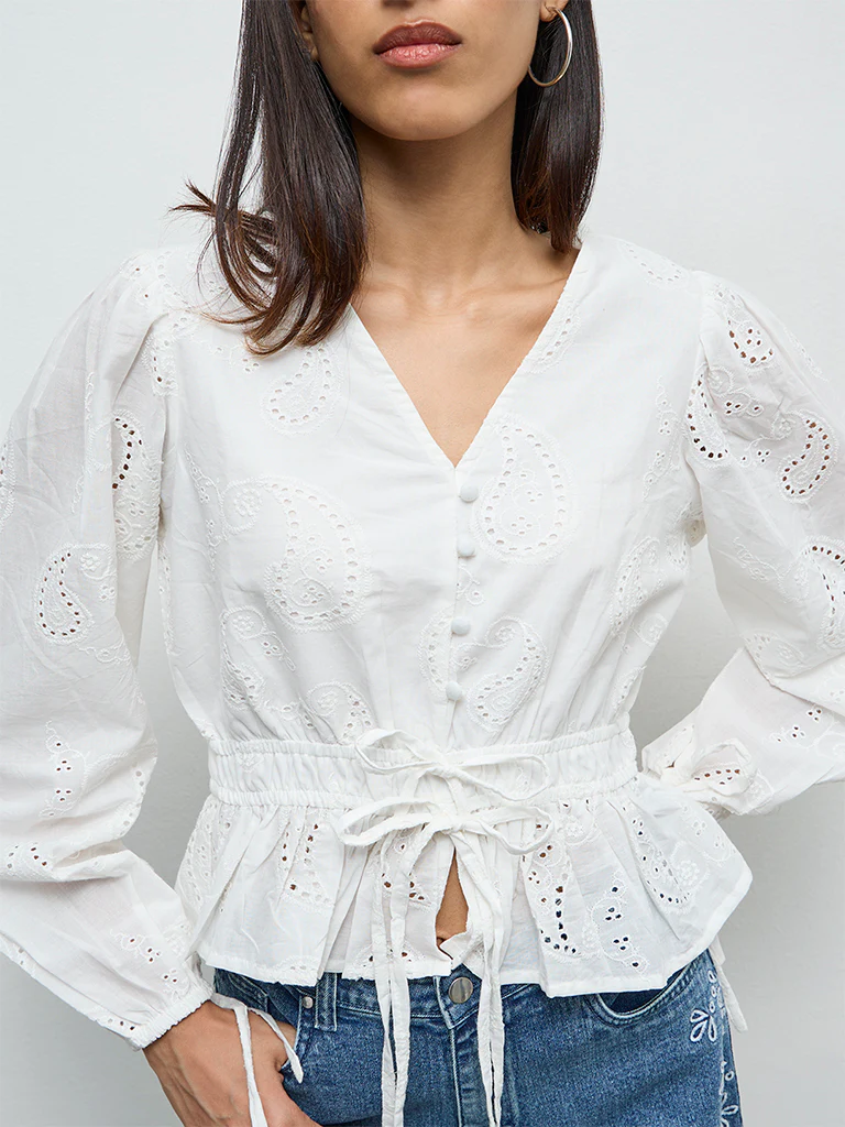 LOV Off-White Paisley Embroidered Cotton Blouse - Image 3