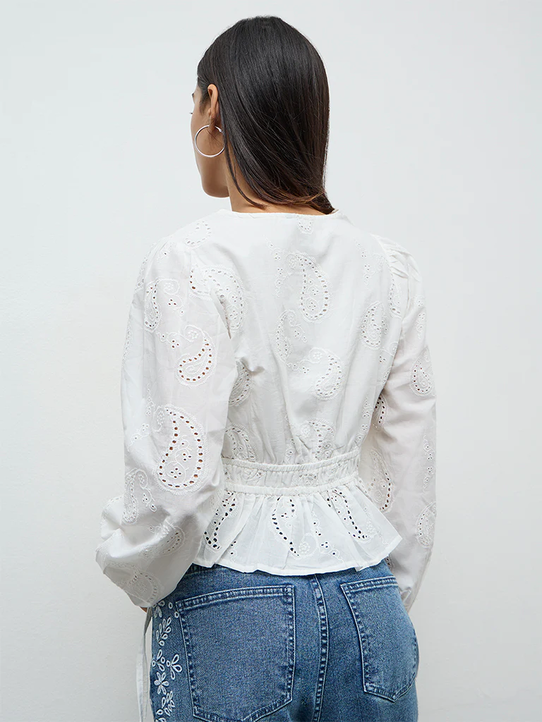 LOV Off-White Paisley Embroidered Cotton Blouse - Image 4
