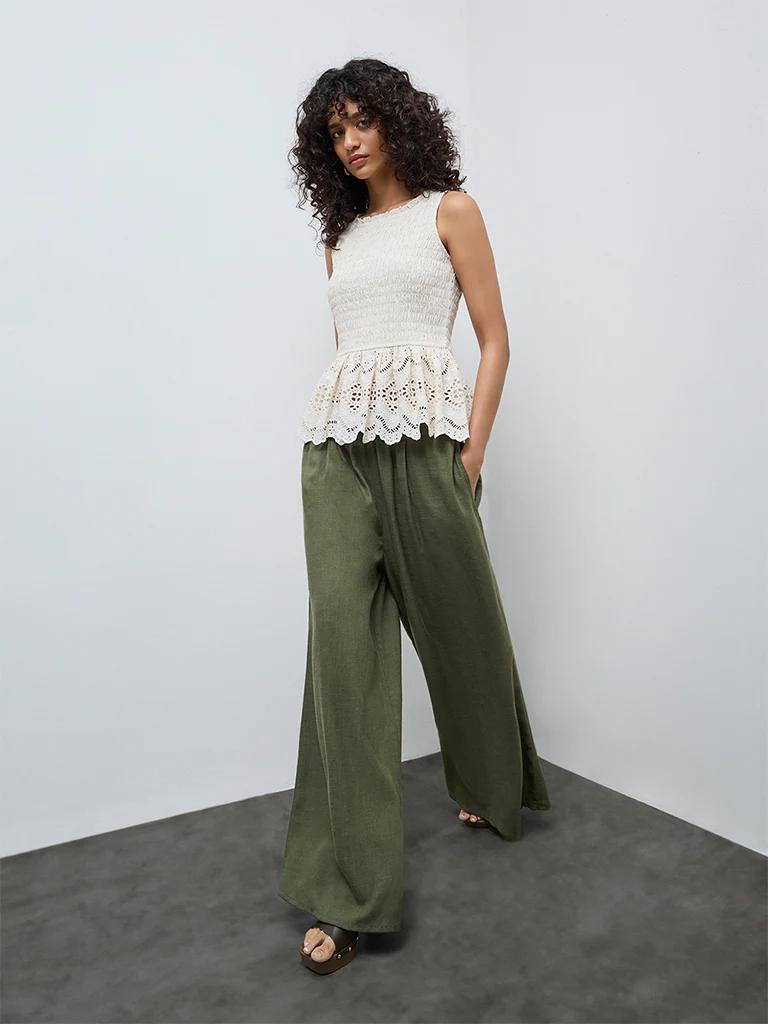 LOV Off-White Schiffli Detailed Peplum Cotton Top - Image 2