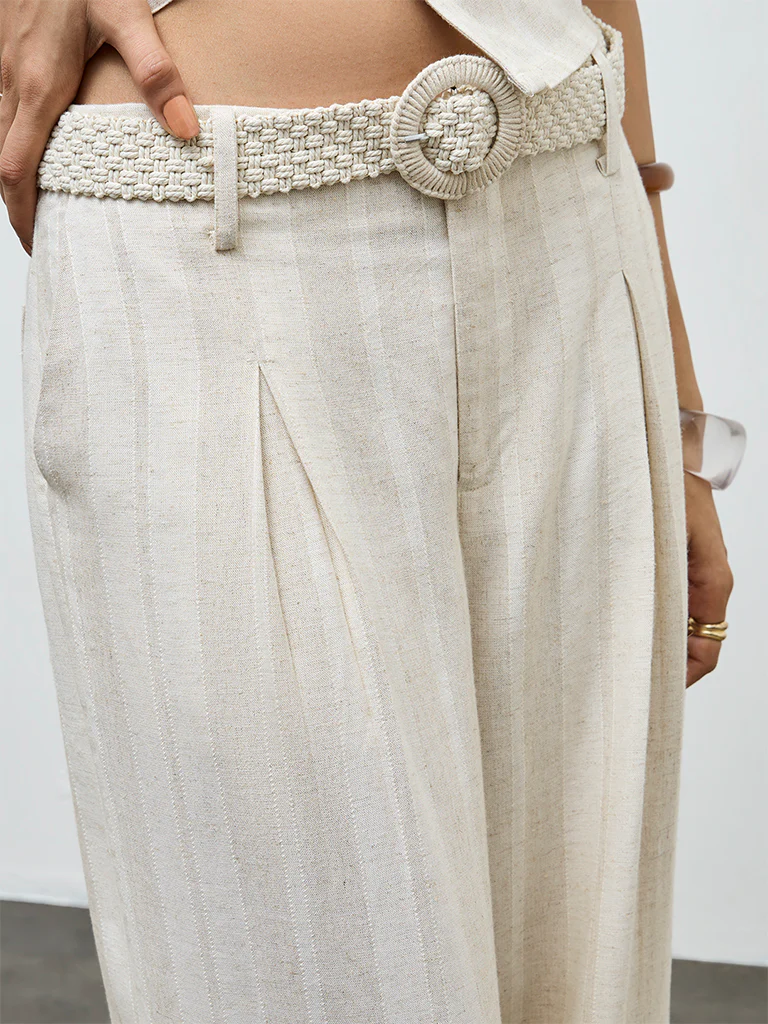 LOV Off-White Self-Striped High-Rise Trousers with Belt - Image 3