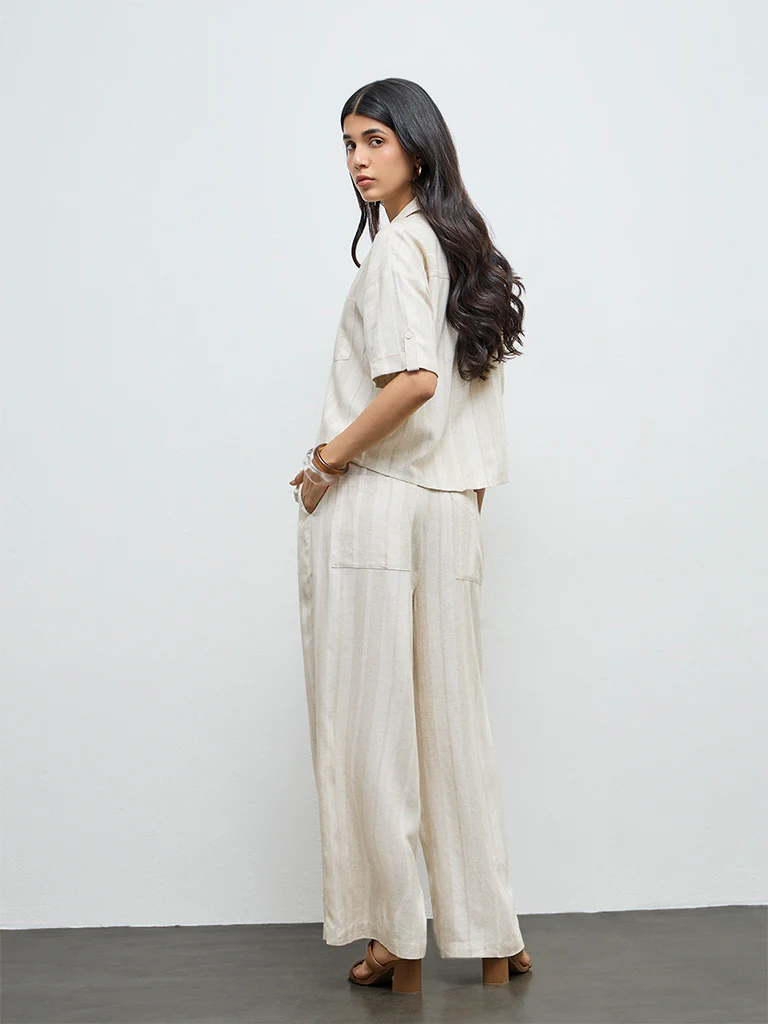 LOV Off-White Self-Striped High-Rise Trousers with Belt - Image 4