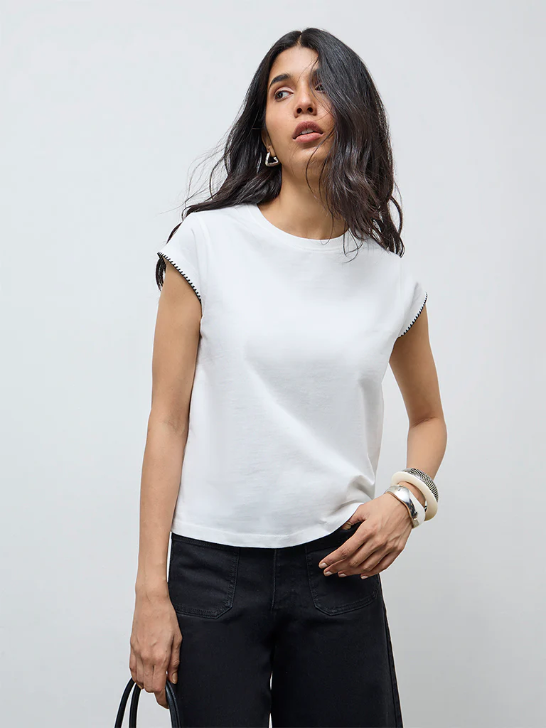 LOV Off-White Solid Cotton T-Shirt