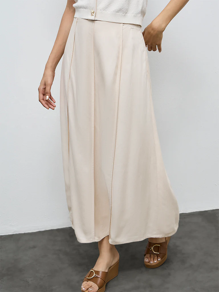 LOV Off-White Solid Linen-Blend Fit-and-Flare Skirt - Image 2