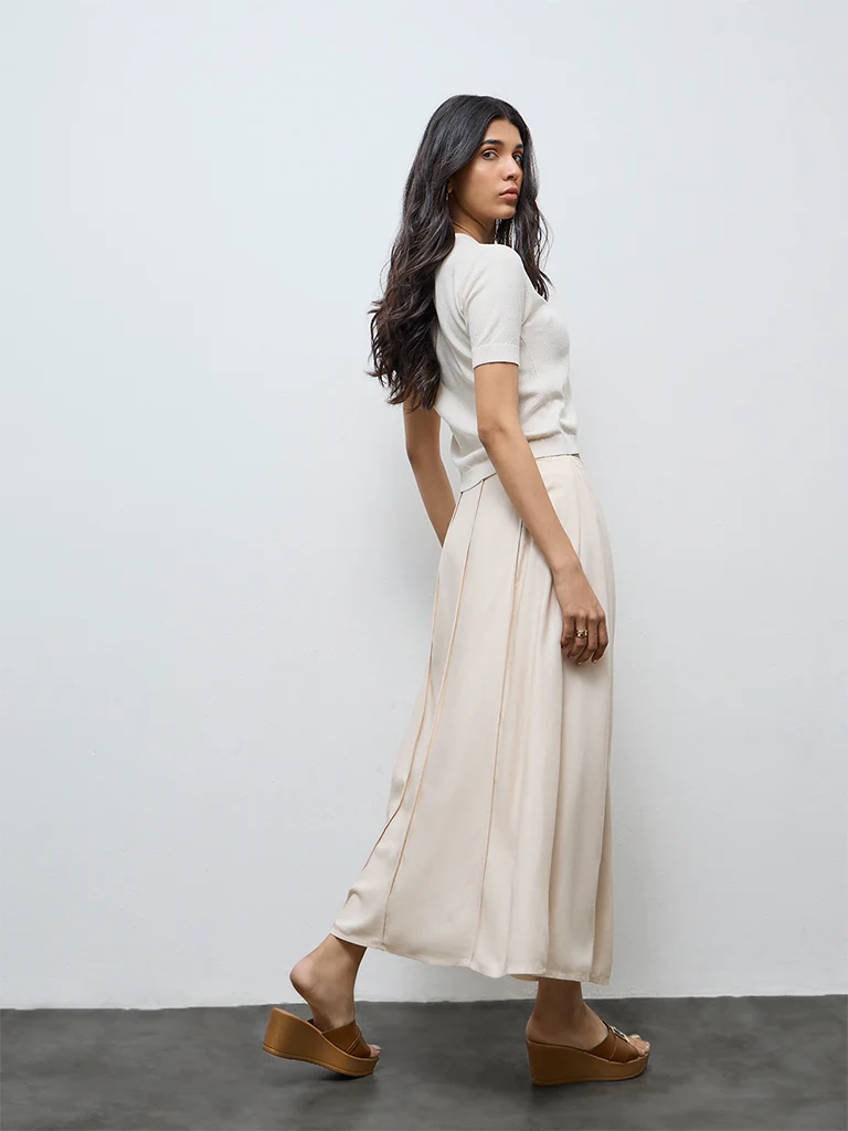 LOV Off-White Solid Linen-Blend Fit-and-Flare Skirt - Image 4