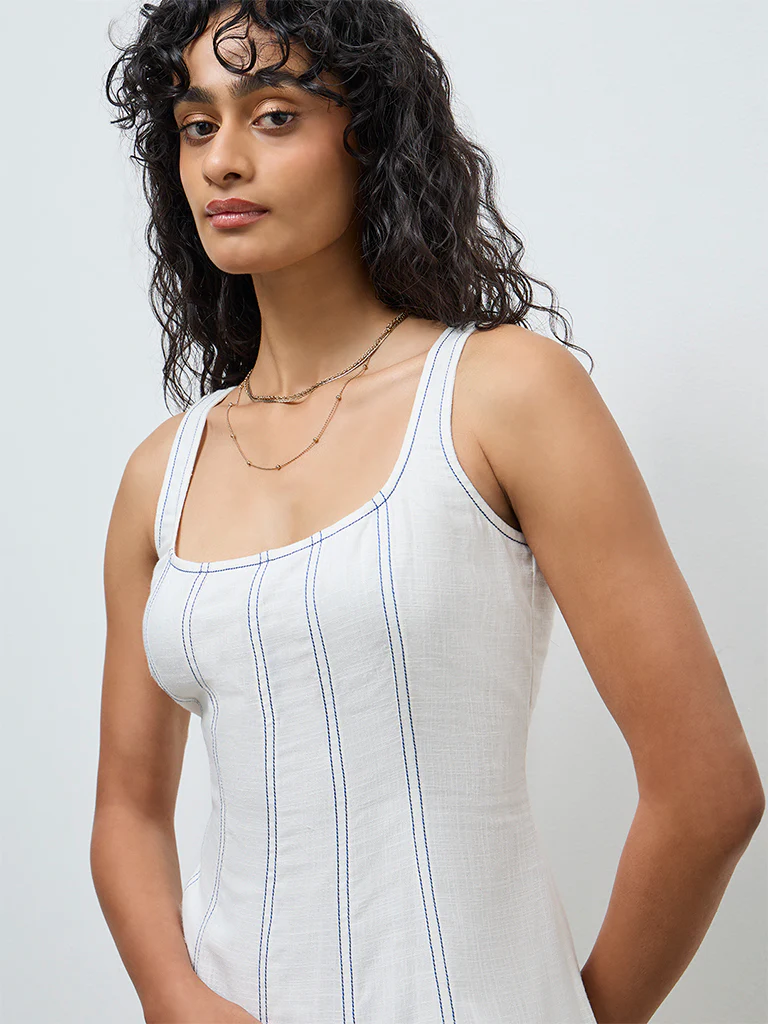LOV Off-White Striped Linen-Blend A-Line Dress - Image 3
