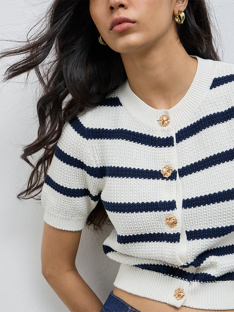 LOV Off-White Striped Knit-Textured Cardigan - Image 3