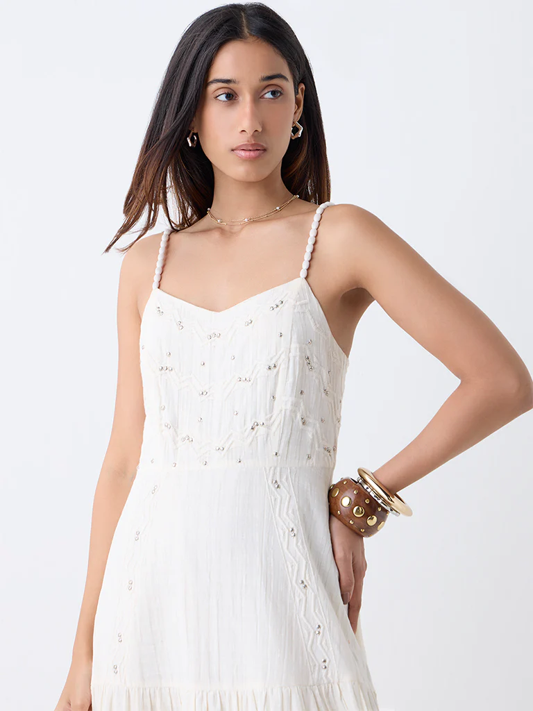 LOV Off-White Stud-Detailed Cotton Tiered Dress - Image 3