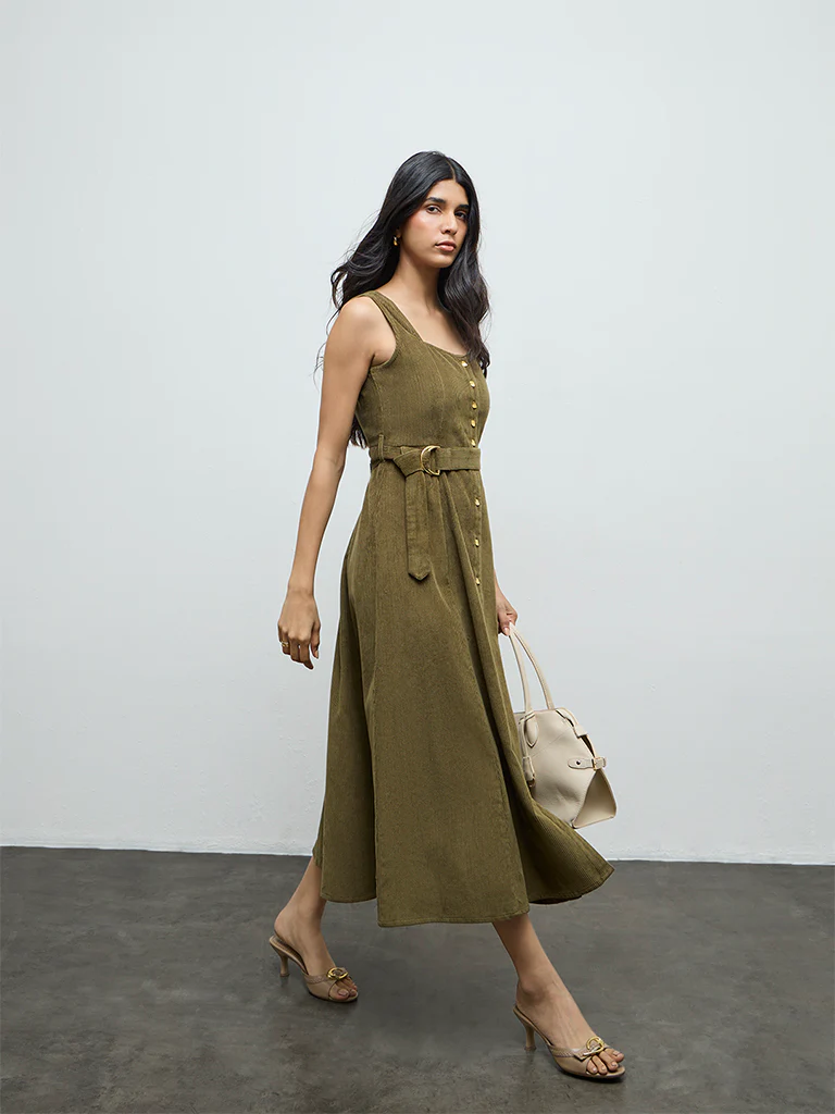 LOV Olive Cotton A-Line Dress - Image 2