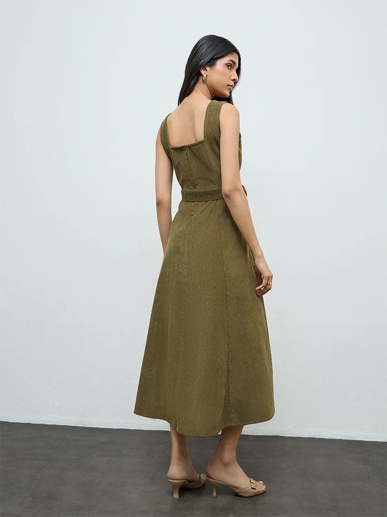 LOV Olive Cotton A-Line Dress - Image 4