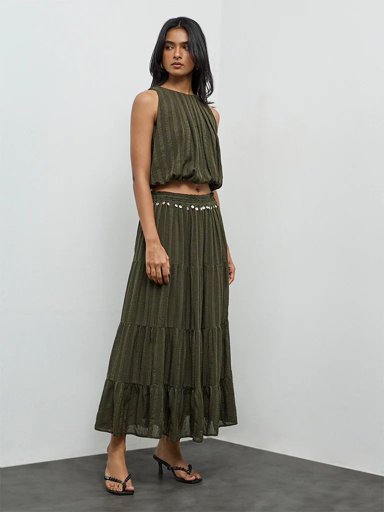LOV Olive Embellished High-Rise Tiered Skirt
