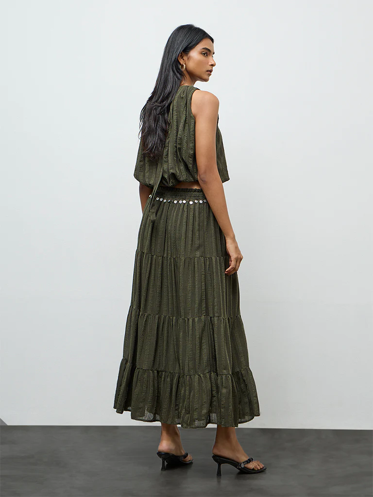 LOV Olive Embellished High-Rise Tiered Skirt - Image 4