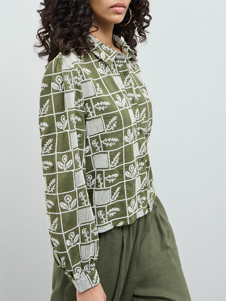 LOV Olive Embroidered Cotton Shirt - Image 3