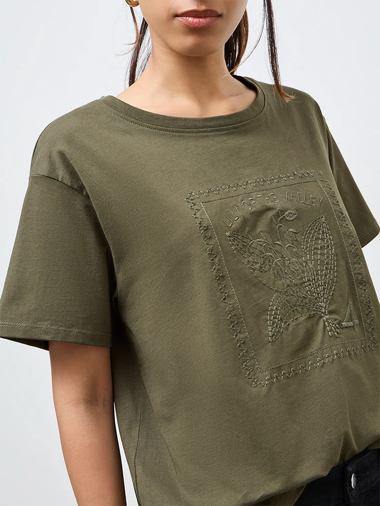 LOV Olive Floral Embroidered Cotton T-Shirt - Image 3