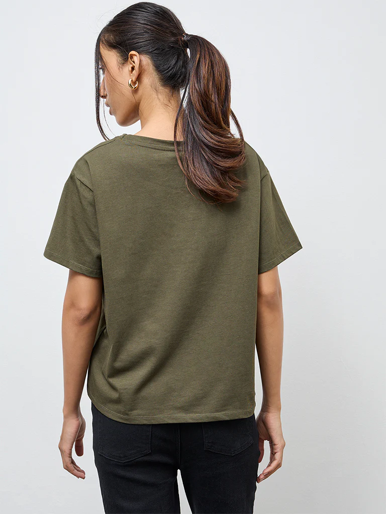 LOV Olive Floral Embroidered Cotton T-Shirt - Image 4