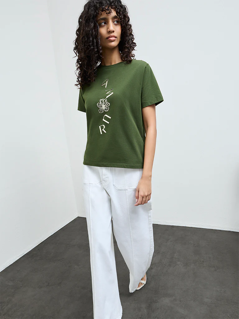 LOV Olive Floral Printed Cotton T-Shirt - Image 2