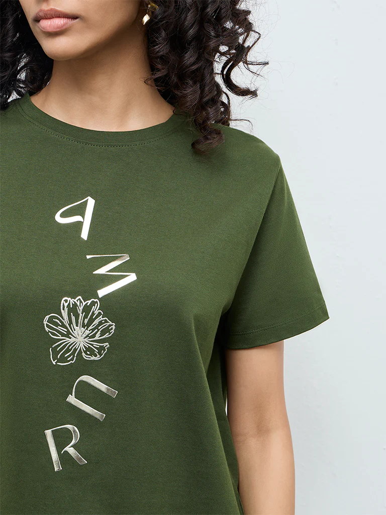 LOV Olive Floral Printed Cotton T-Shirt - Image 3
