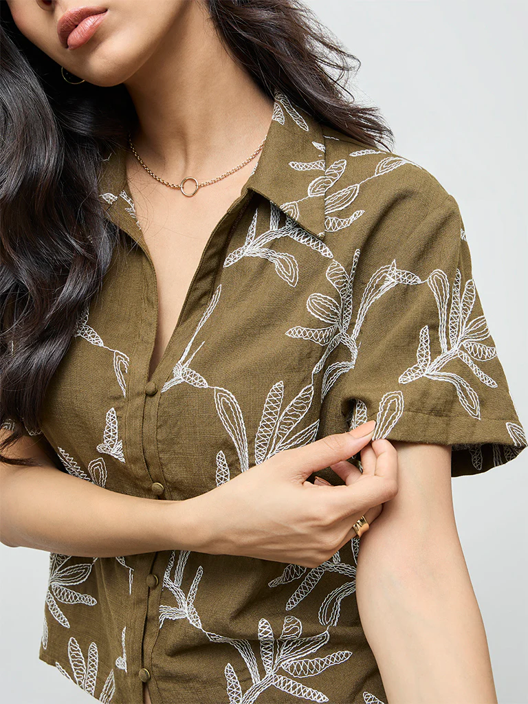 LOV Olive Foliage Embroidered Blouse - Image 3
