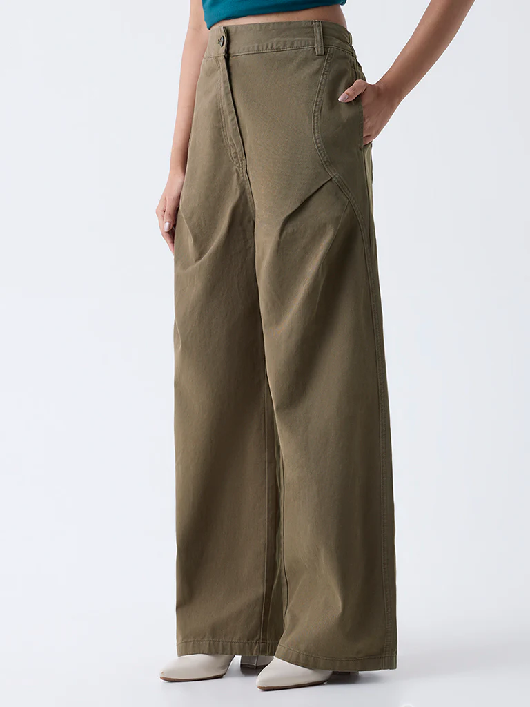 LOV Olive High-Rise Baggy Cotton Trousers-Online Exclusive - Image 2