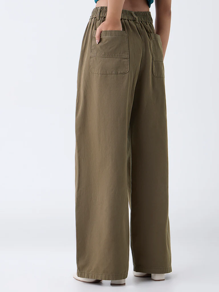 LOV Olive High-Rise Baggy Cotton Trousers-Online Exclusive - Image 4