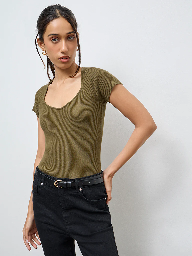 LOV Olive Ribbed-Textured Top