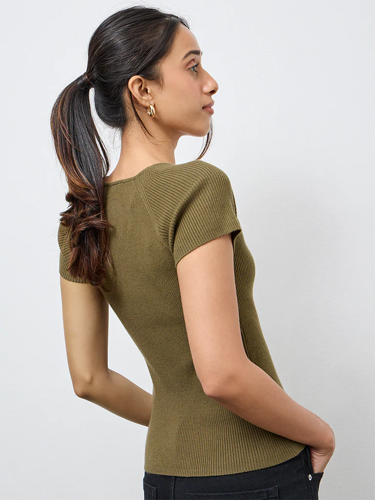 LOV Olive Ribbed-Textured Top - Image 4