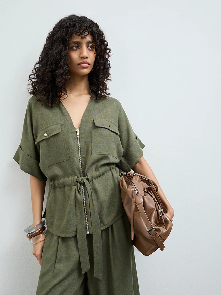 LOV Olive Solid Cotton-Blend Blouse