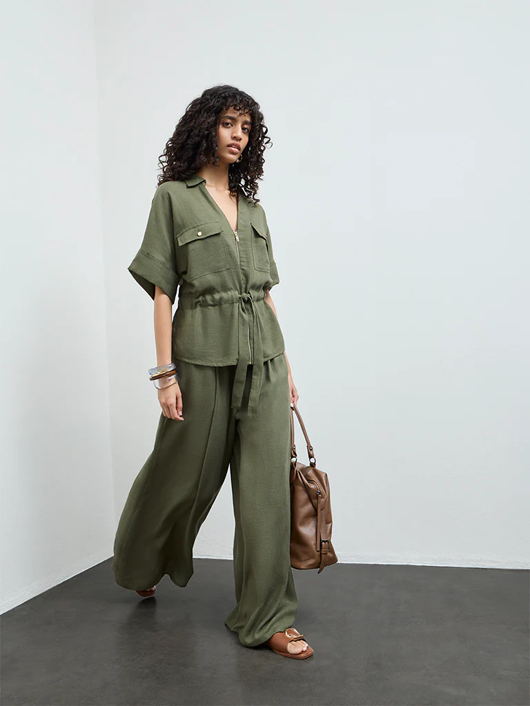 LOV Olive Solid Cotton-Blend Blouse - Image 2