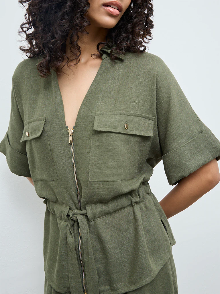LOV Olive Solid Cotton-Blend Blouse - Image 3