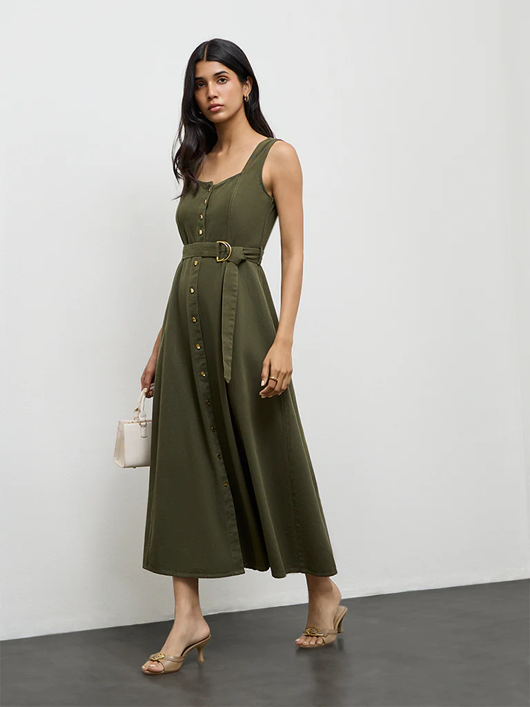 LOV Olive Solid Denim A-Line Dress - Image 2