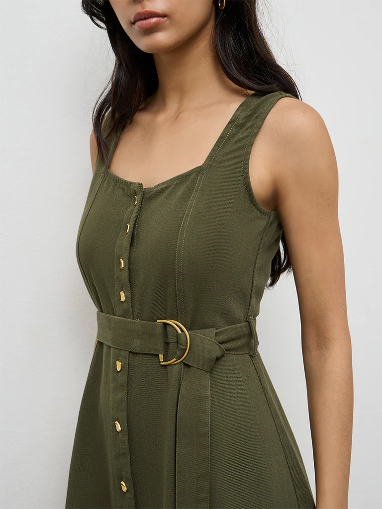 LOV Olive Solid Denim A-Line Dress - Image 3