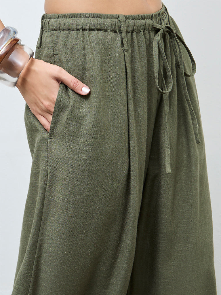 LOV Olive Solid High-Rise Flared Cotton-Blend Pants - Image 3