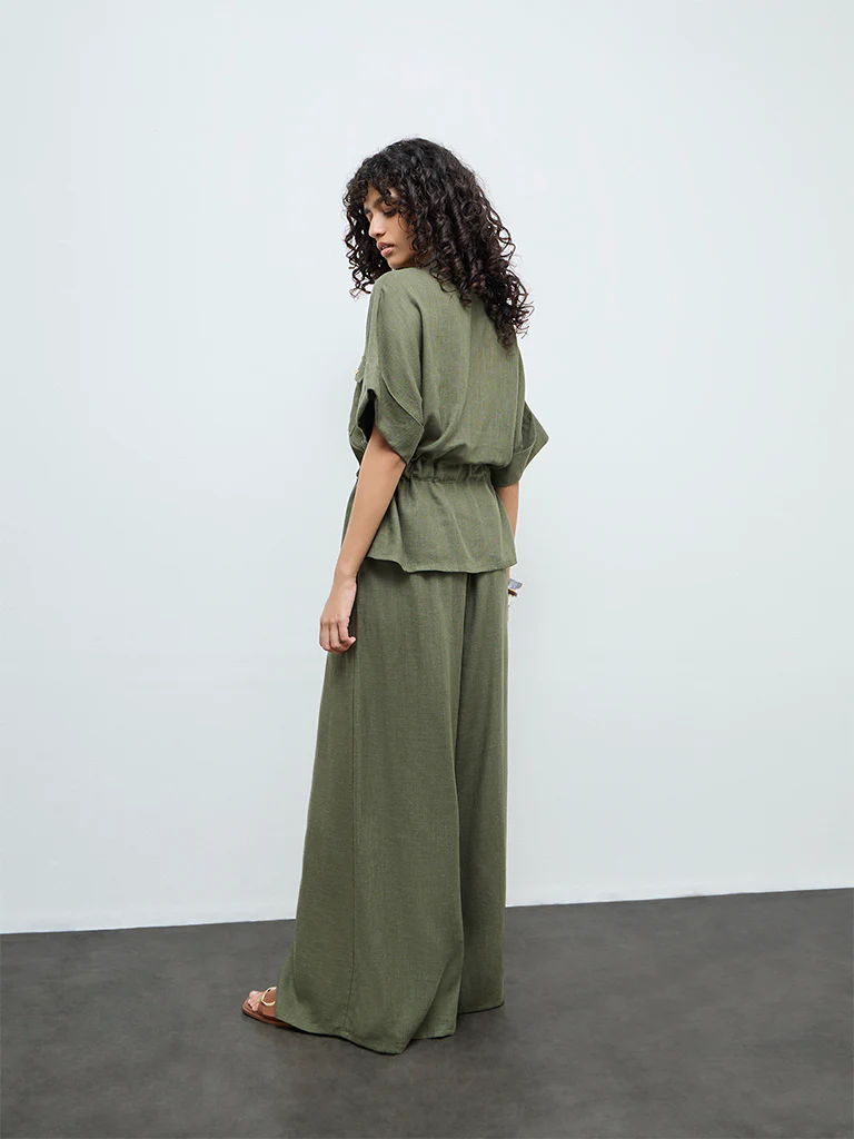 LOV Olive Solid High-Rise Flared Cotton-Blend Pants - Image 4