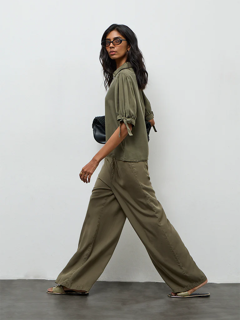 LOV Olive Solid Knot-Detailed Denim Shirt - Image 2
