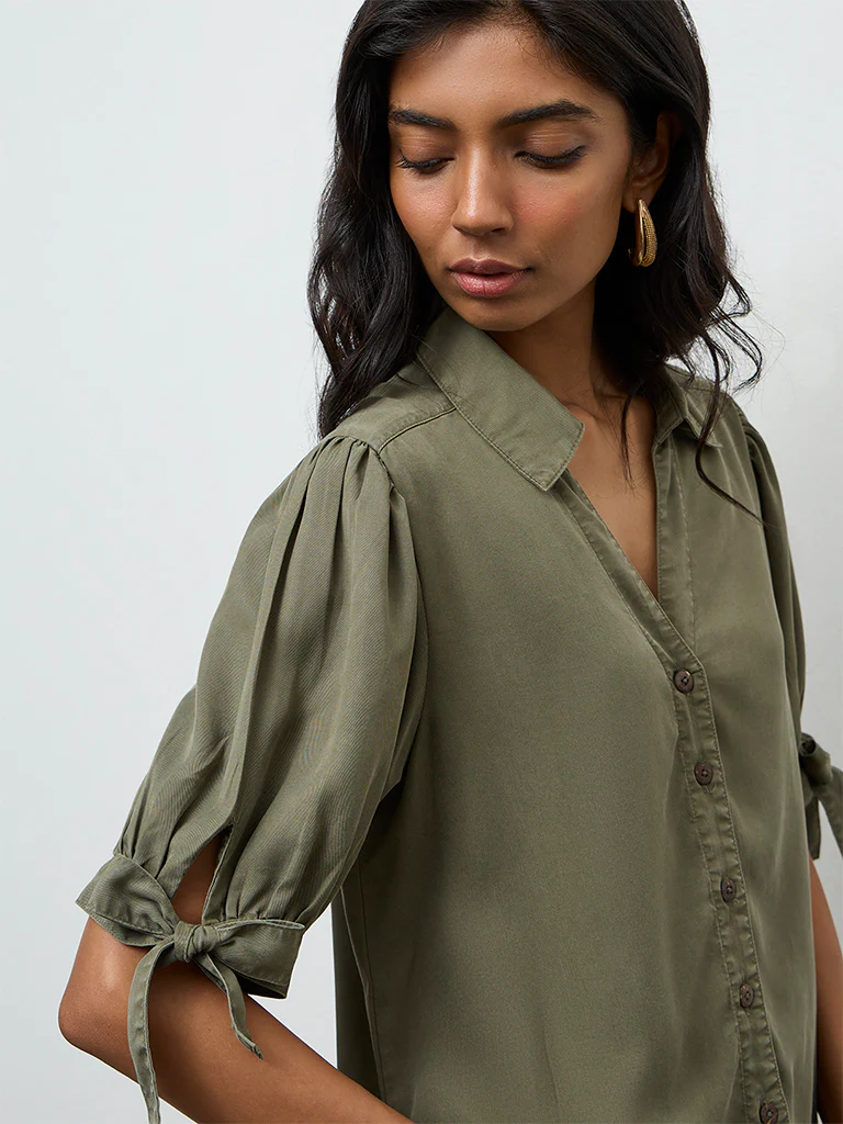 LOV Olive Solid Knot-Detailed Denim Shirt - Image 3
