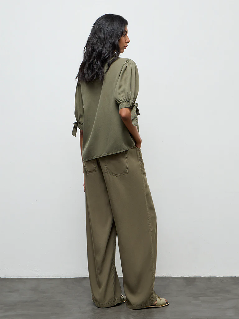 LOV Olive Solid Knot-Detailed High-Rise Denim Trousers - Image 4