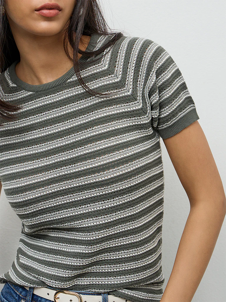 LOV Olive Striped Knit-Textured T-Shirt - Image 3