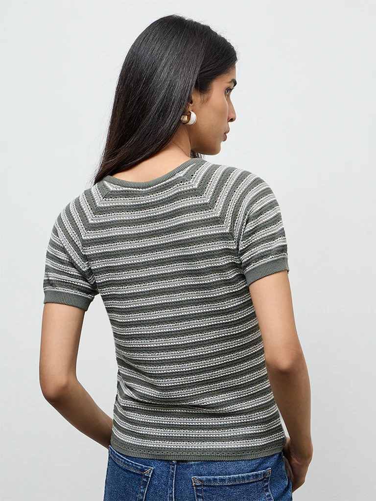 LOV Olive Striped Knit-Textured T-Shirt - Image 4