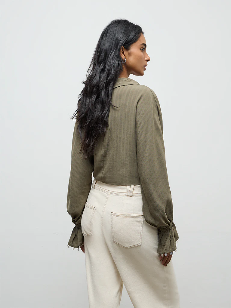 LOV Olive Striped Wrap-Style Top - Image 4