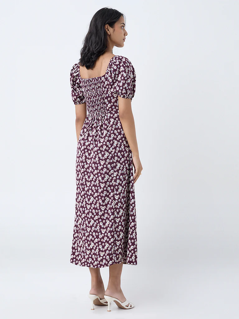 LOV Plum Floral Detailed A-Line Dress - Image 4