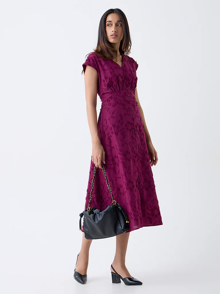 LOV Plum Floral Embroidered Cotton A-Line Dress - Image 2