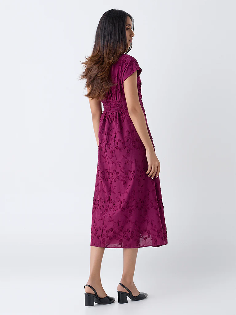 LOV Plum Floral Embroidered Cotton A-Line Dress - Image 4