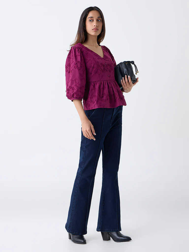 LOV Plum Floral Embroidered Cotton Peplum Top - Image 2