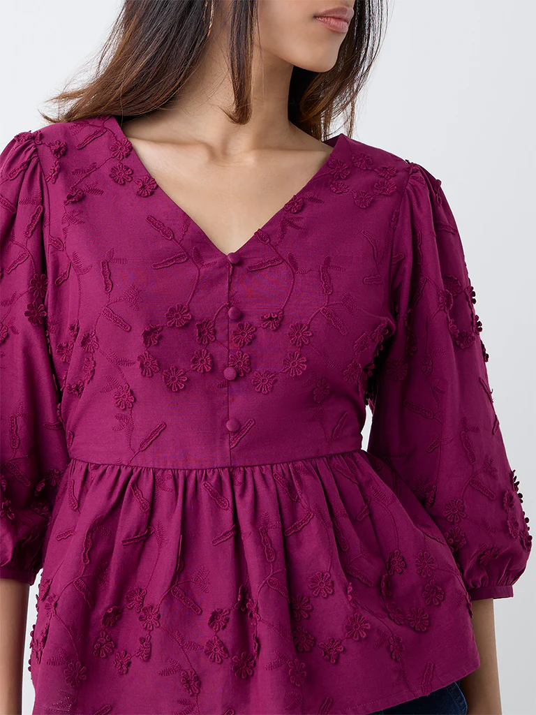 LOV Plum Floral Embroidered Cotton Peplum Top - Image 3