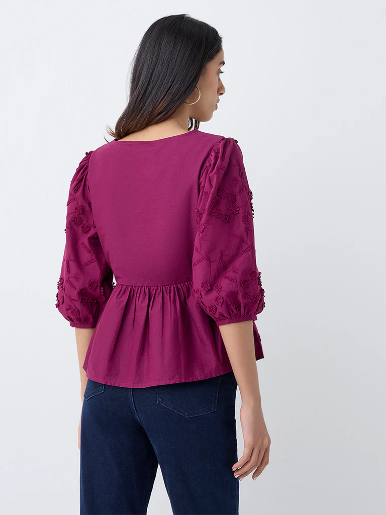 LOV Plum Floral Embroidered Cotton Peplum Top - Image 4
