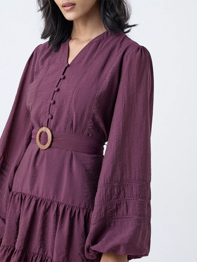 LOV Plum Solid Tiered Dress with Belt - Image 3