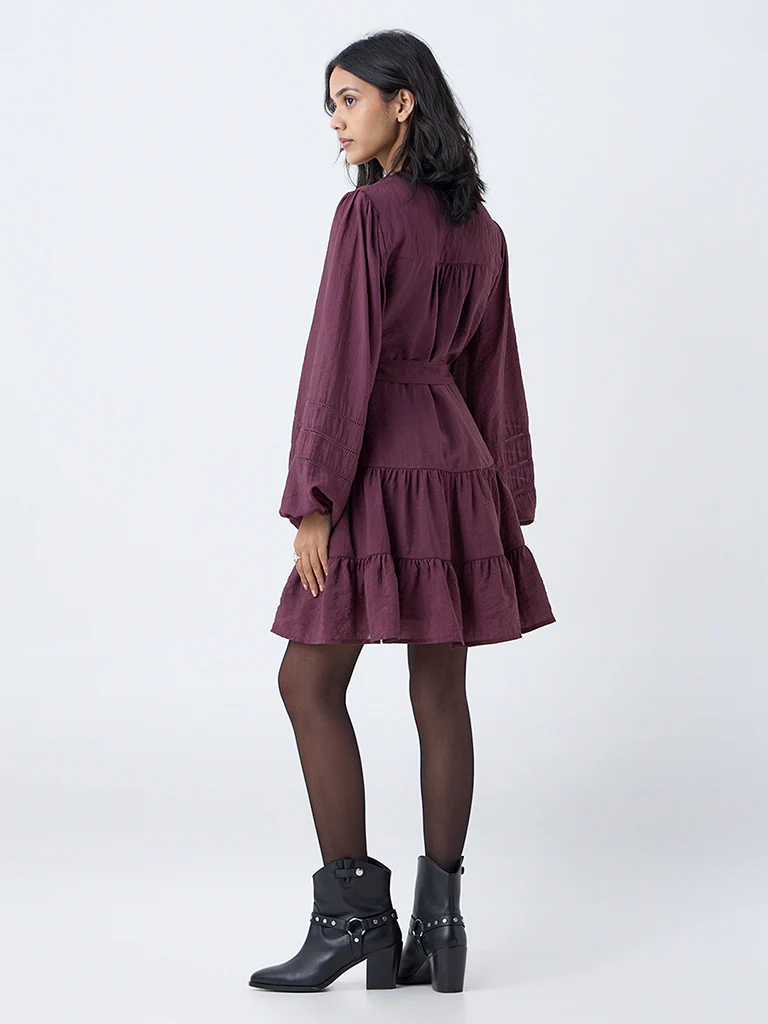 LOV Plum Solid Tiered Dress with Belt - Image 4