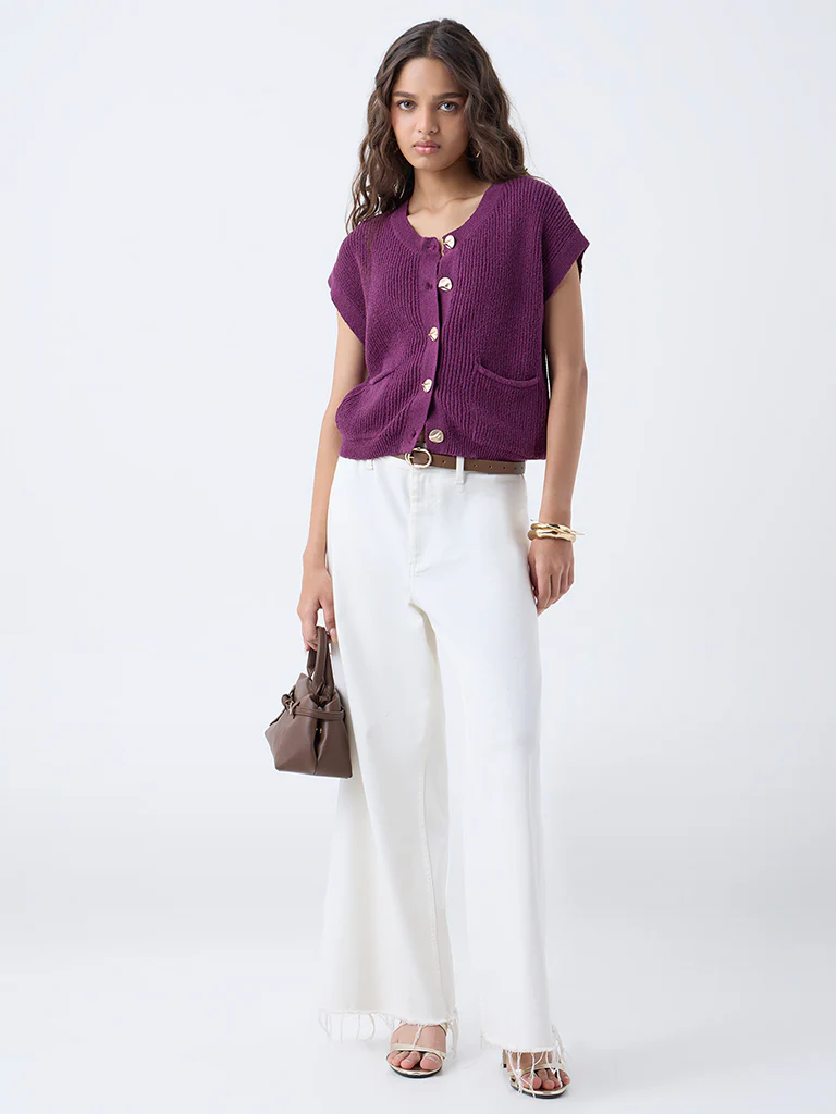 LOV Purple Self-Striped Cotton-Blend Cardigan