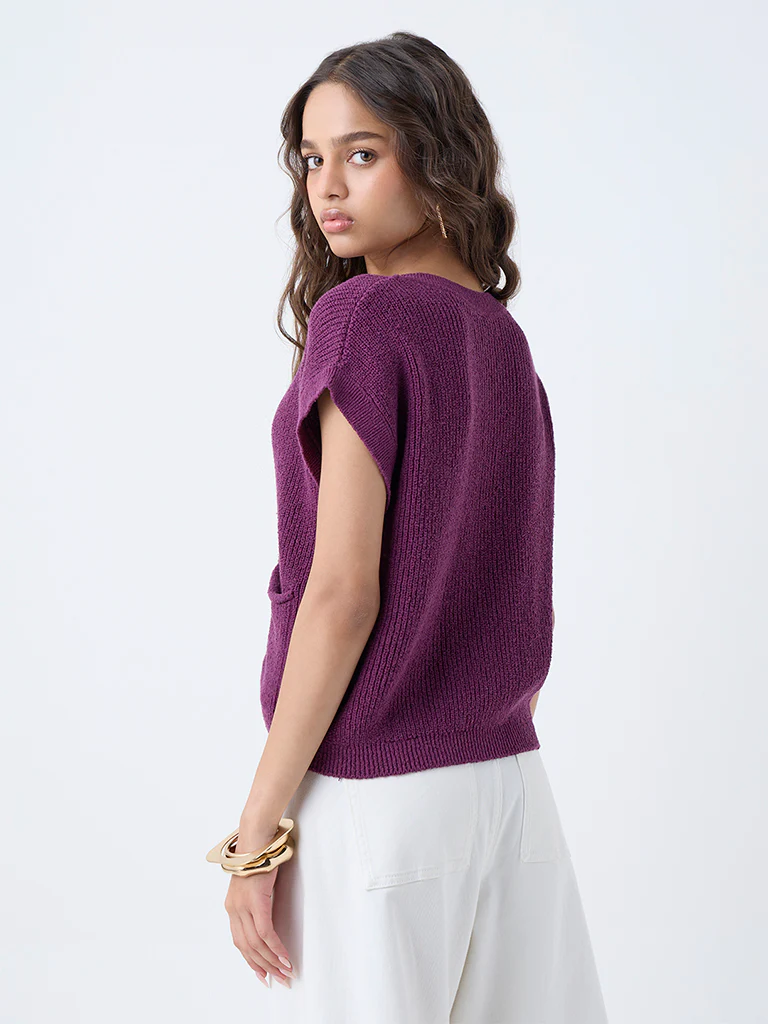 LOV Purple Self-Striped Cotton-Blend Cardigan - Image 4