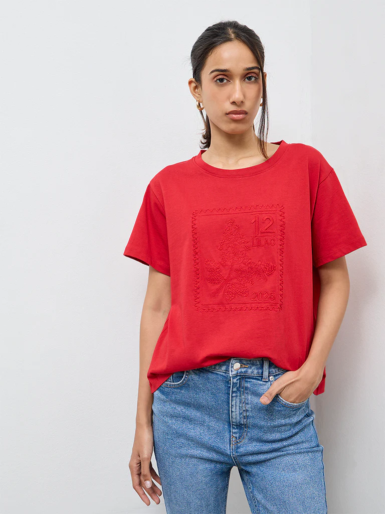 LOV Red Embroidered Cotton T-Shirt