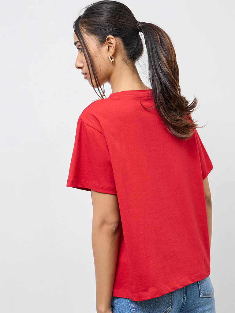 LOV Red Embroidered Cotton T-Shirt - Image 4